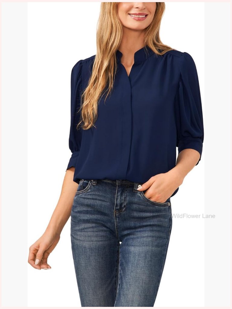 Open Collar Short Sleeve Top With Hidden Placket Blouse